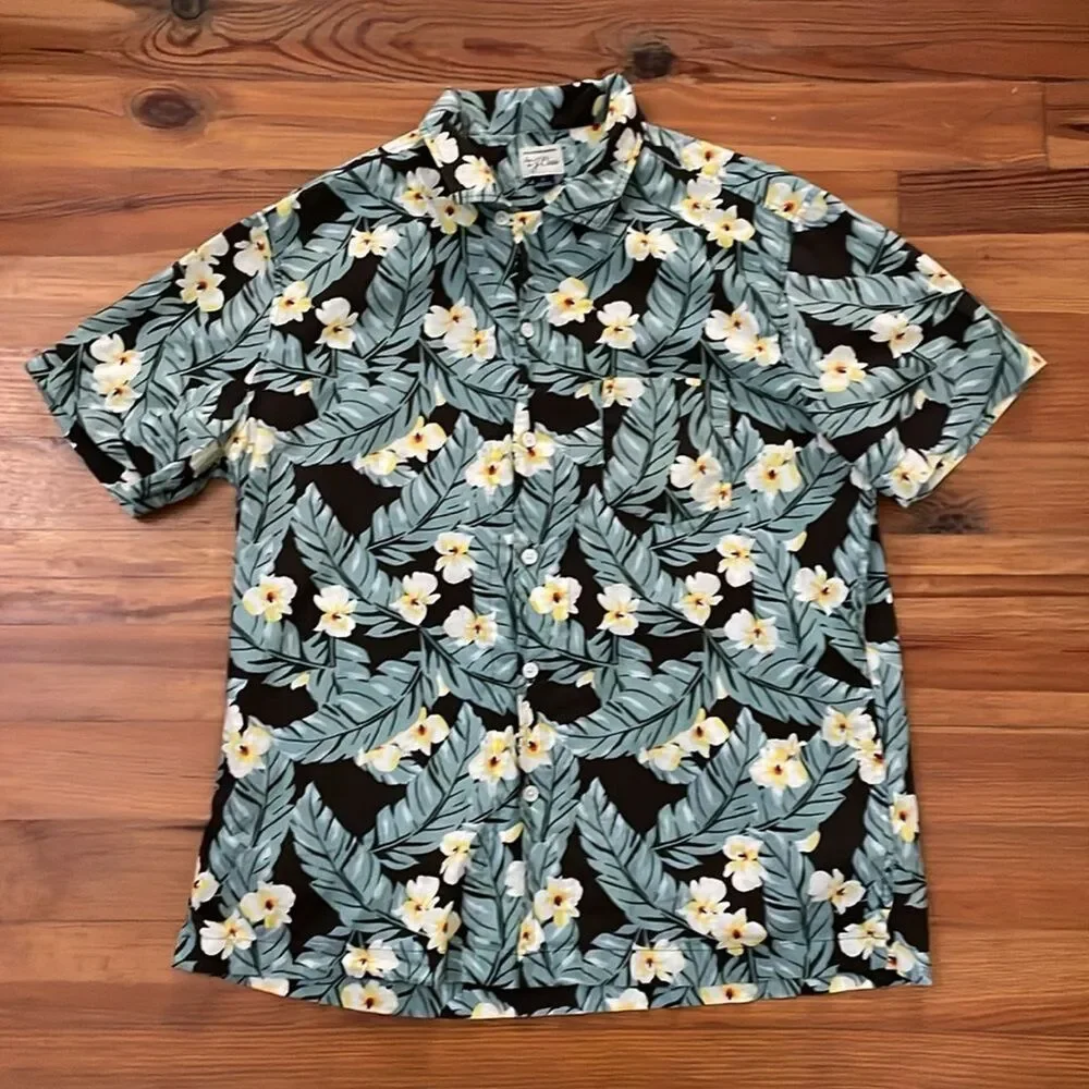 J. Crew Green and Black Hawaiian Floral Casual Button Up Shirt Mens Size Large